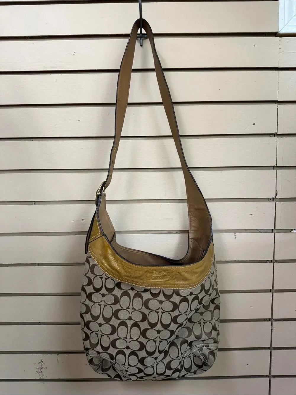 Coach Signature Canvas Hobo with Brown and Mustard Leather Trim